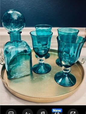Teal Glass Decanter and Goblet Set - Vibrant